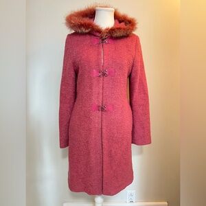 Tara Jarmon Paris Rose Wool Coat Fur Hood Toggle Closure Size 1